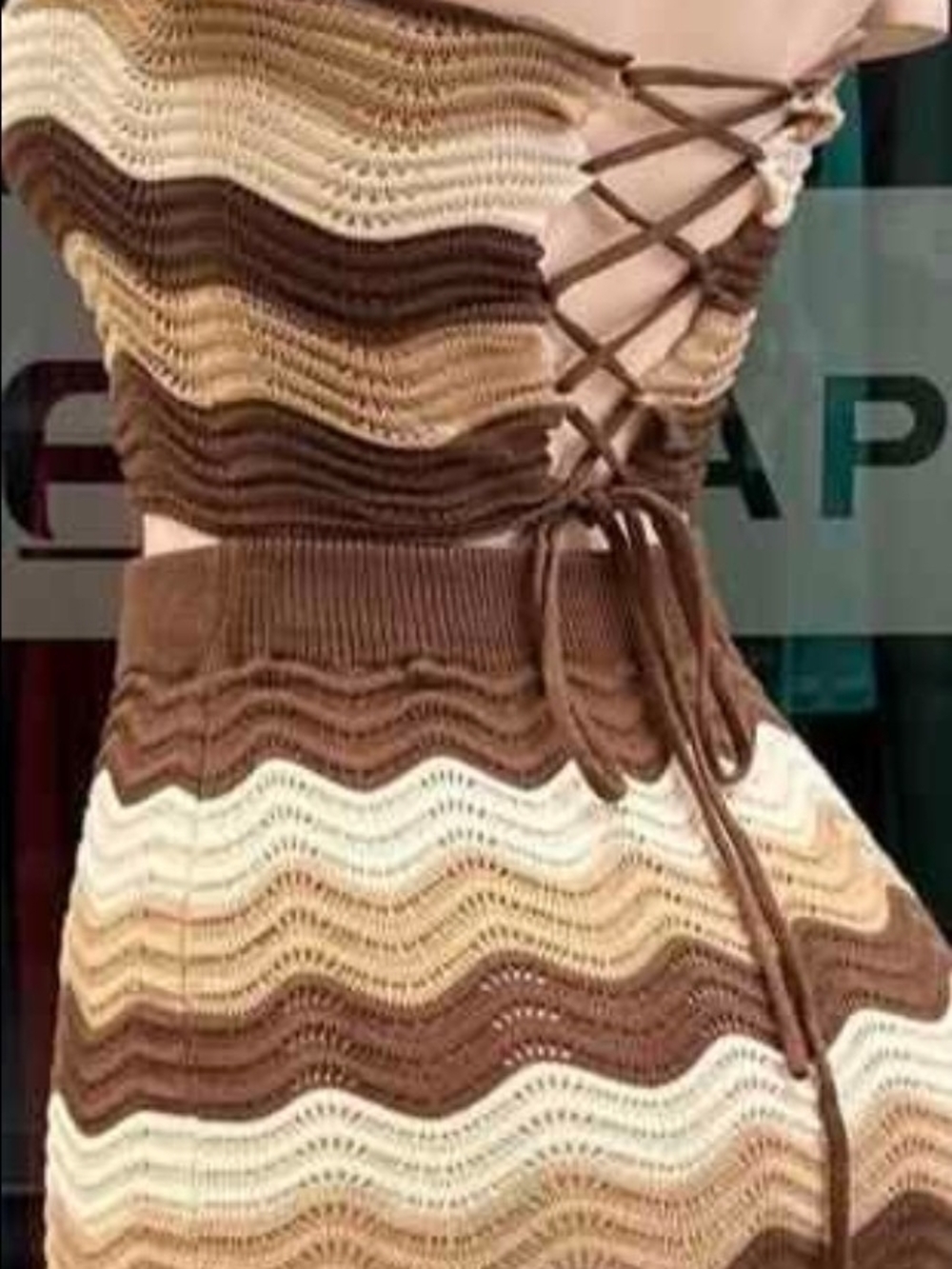 Women’s Brown & Cream Striped Knit Sweater Dress with Lace-Up Sides